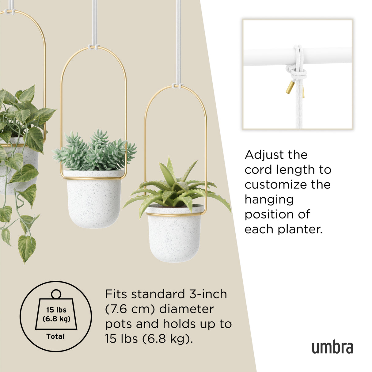 Triflora Hanging Planter - Set Of 3 - White/Brass