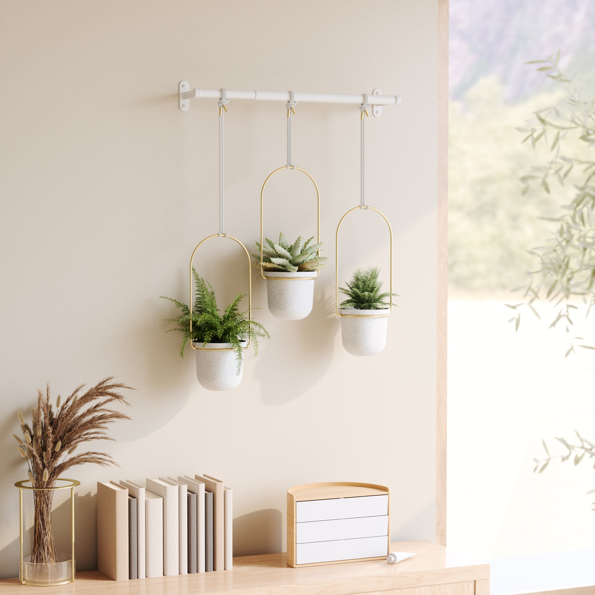 Triflora Hanging Planter - Set Of 3 - White/Brass