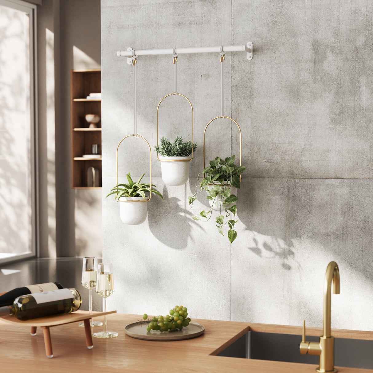 Triflora Hanging Planter - Set Of 3 - White/Brass