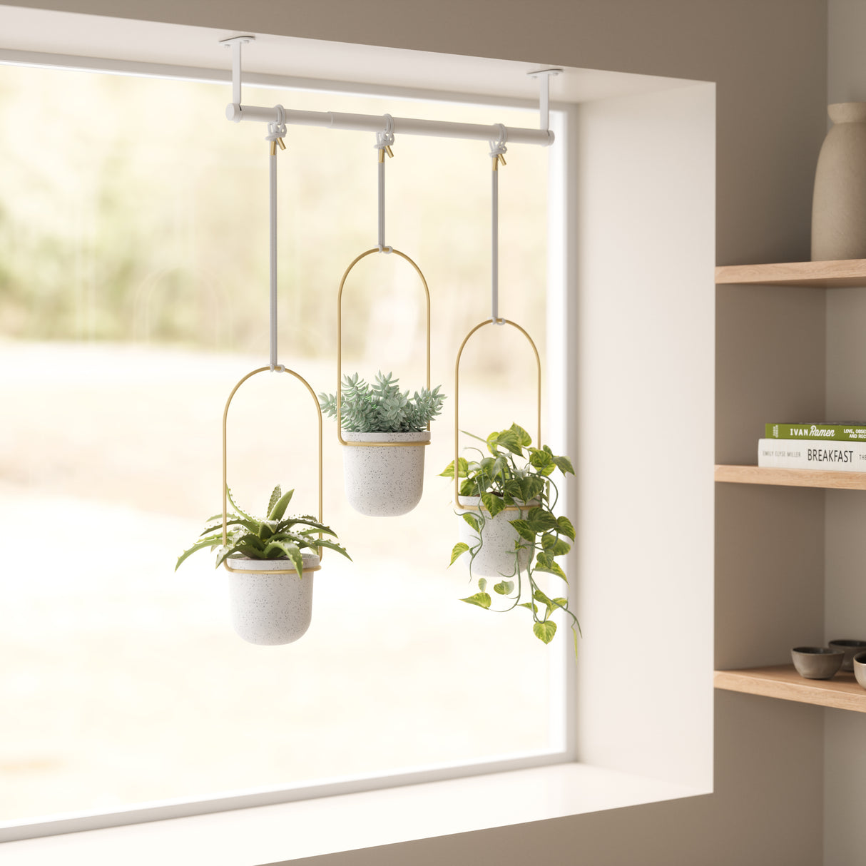 Triflora Hanging Planter - Set Of 3 - White/Brass