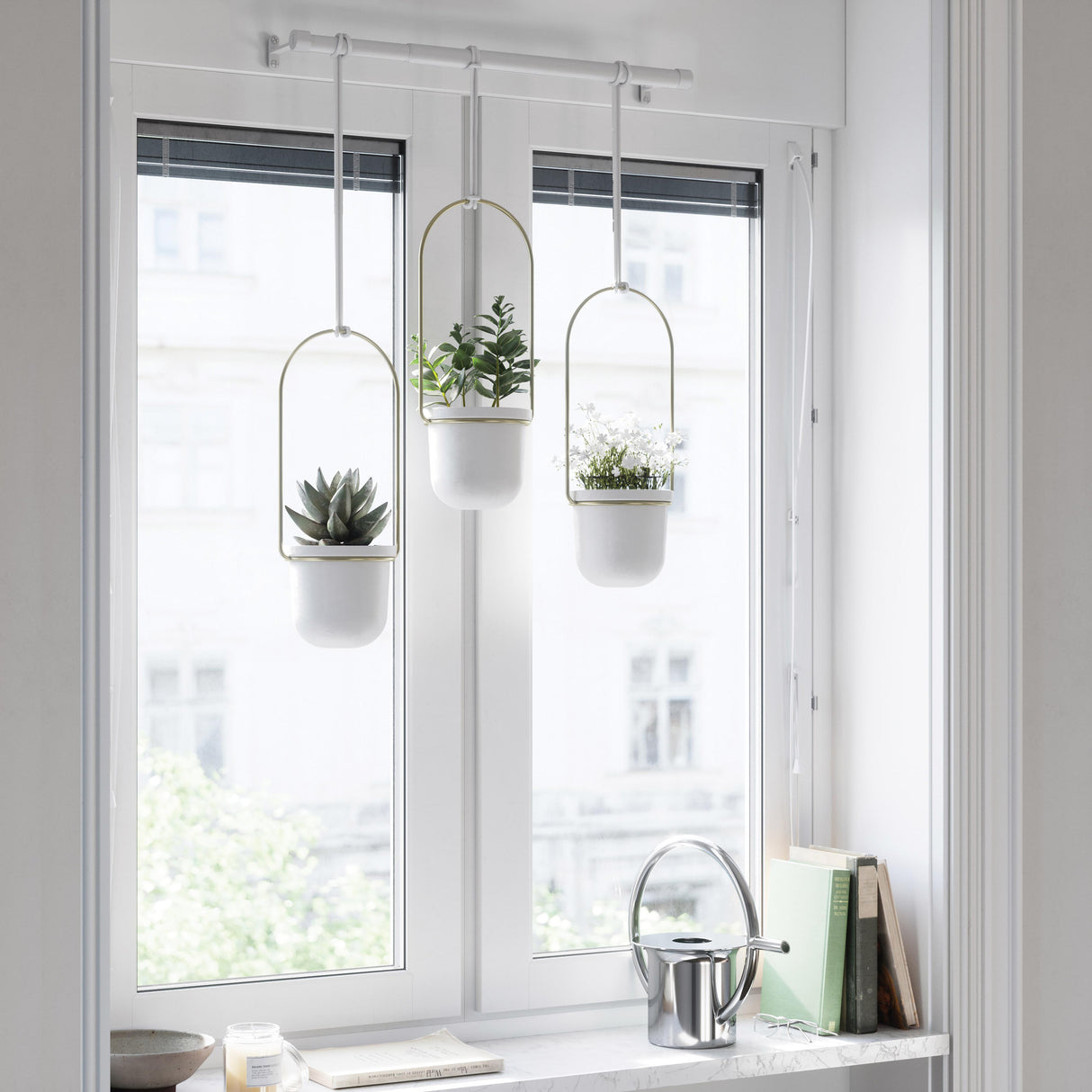 Triflora Hanging Planter - Set Of 3 - White/Brass