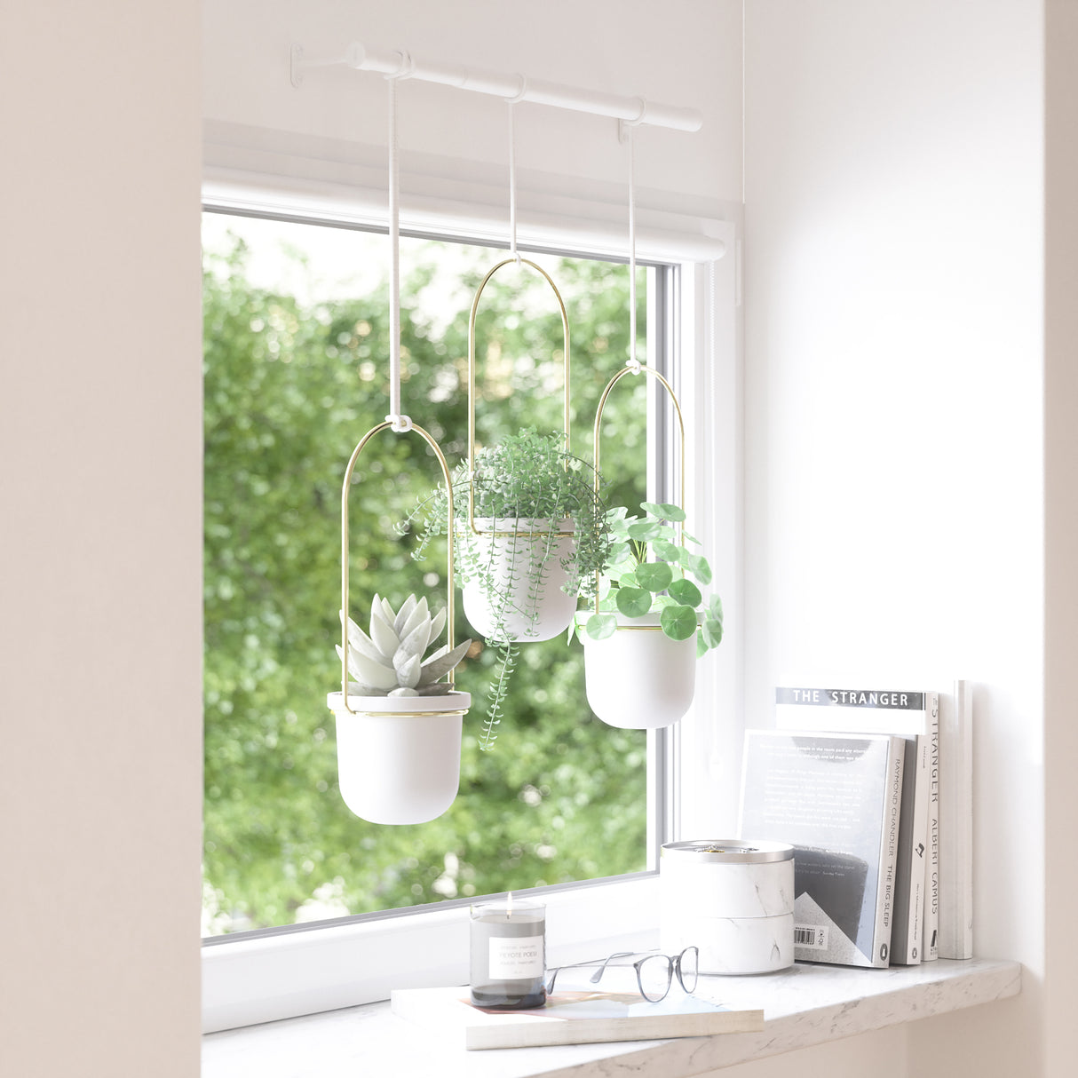 Triflora Hanging Planter - Set Of 3 - White/Brass